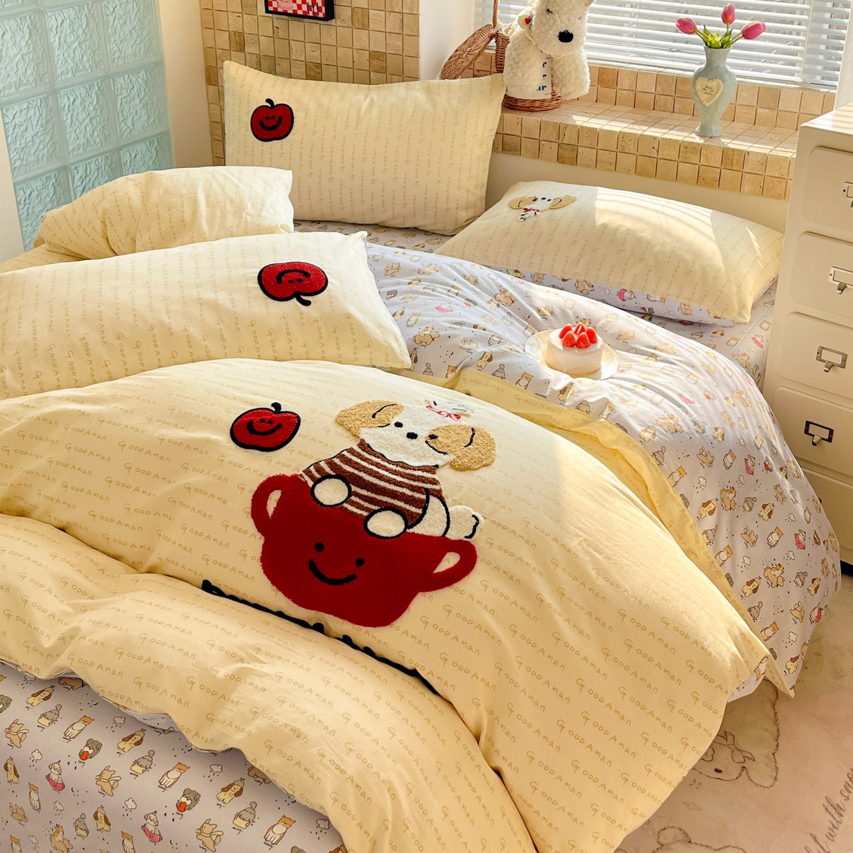 寐居家纺 2026新款全棉毛巾绣四件套 奶黄茶犬