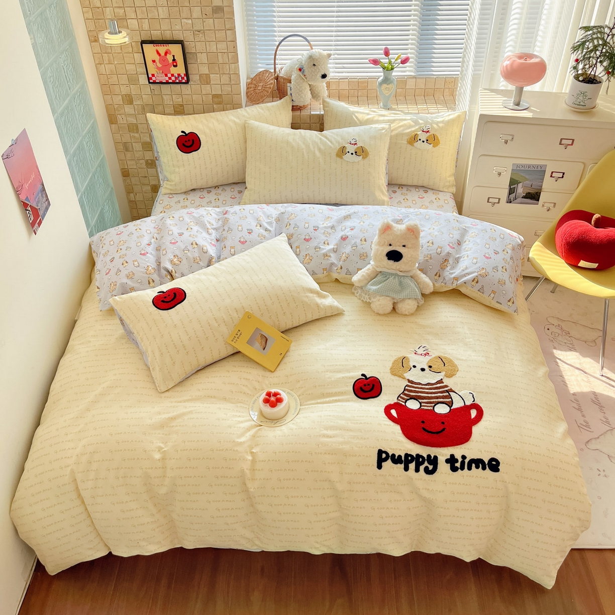 91家纺网 家纺一手货源 找家纺 寐居家纺 2026新款全棉毛巾绣四件套 奶黄茶犬