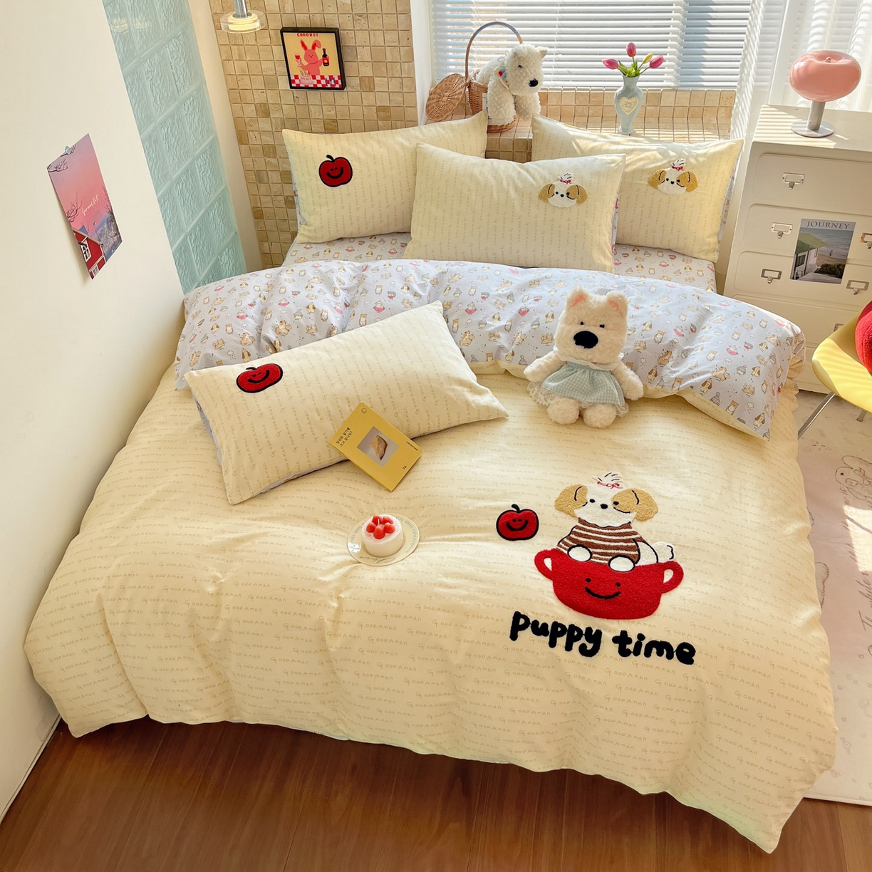 91家纺网 家纺一手货源 找家纺 寐居家纺 2026新款全棉毛巾绣四件套 奶黄茶犬