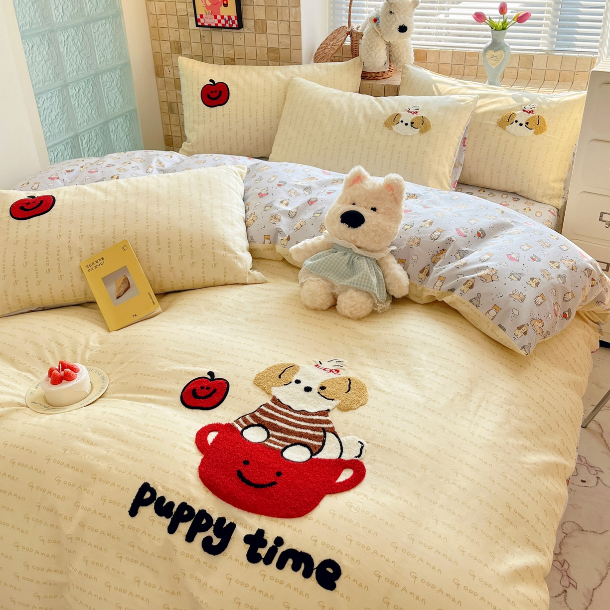 91家纺网 家纺一手货源 找家纺 寐居家纺 2026新款全棉毛巾绣四件套 奶黄茶犬