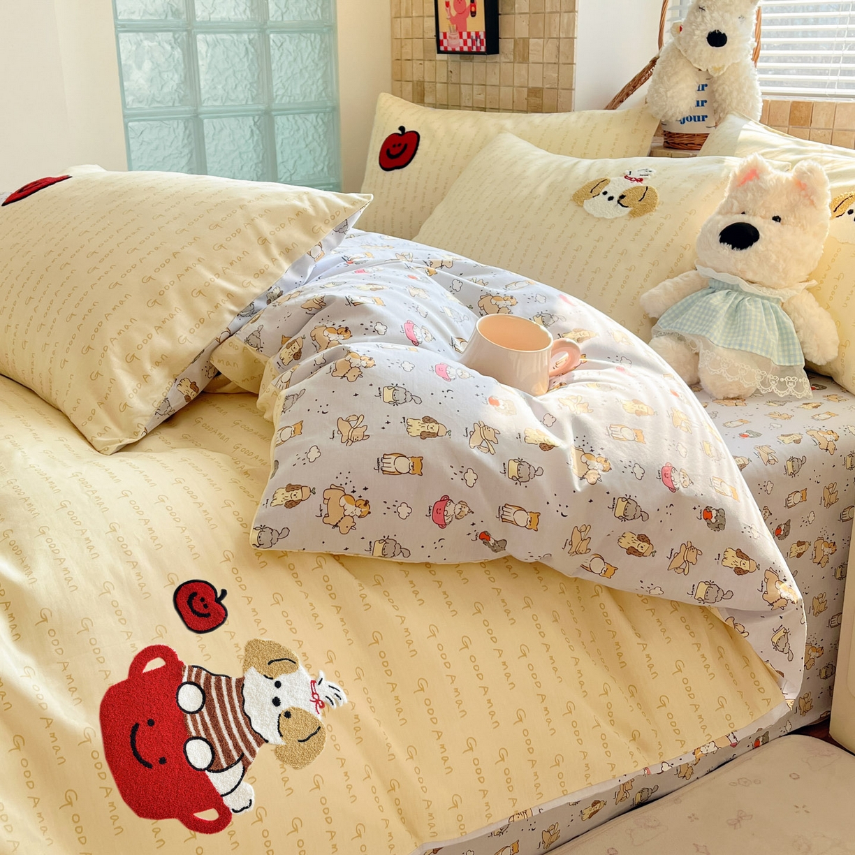 91家纺网 家纺一手货源 找家纺 寐居家纺 2026新款全棉毛巾绣四件套 奶黄茶犬