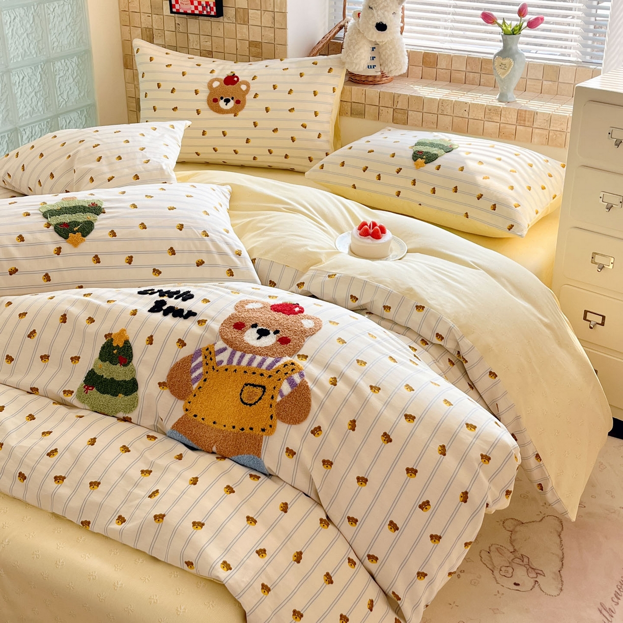 寐居家纺 2026新款全棉毛巾绣四件套 暖阳熊趣