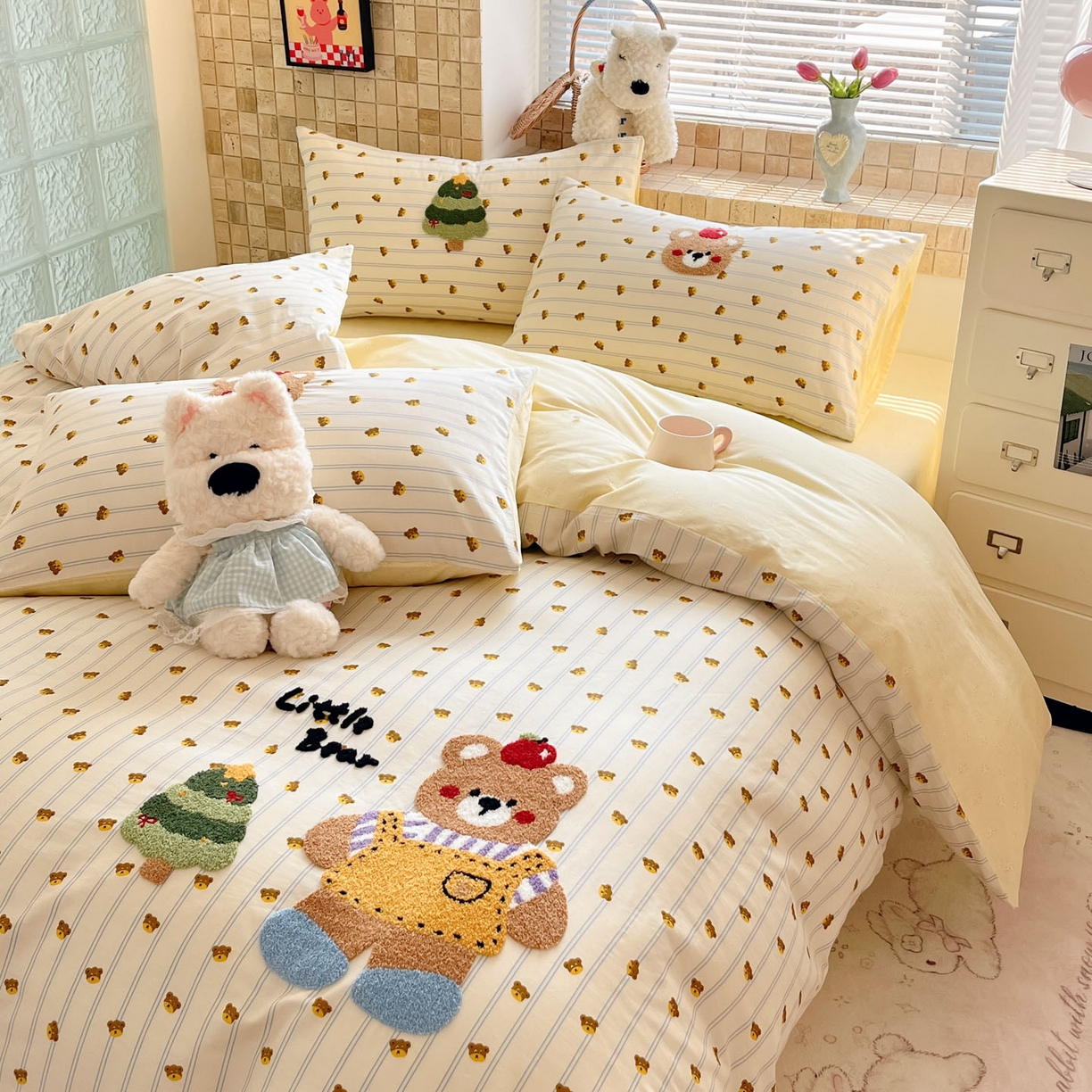 91家纺网 家纺一手货源 找家纺 寐居家纺 2026新款全棉毛巾绣四件套 暖阳熊趣