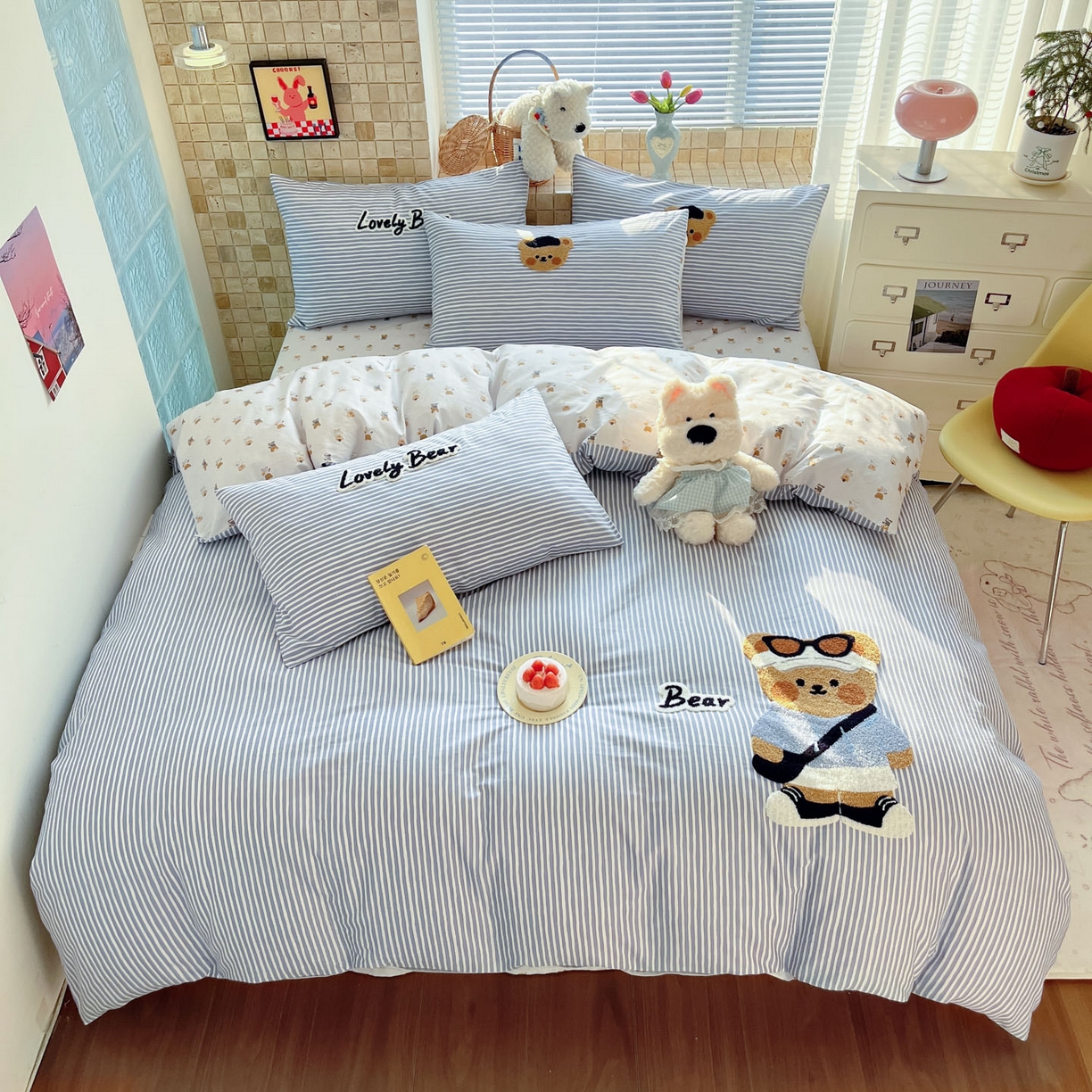 91家纺网 家纺一手货源 找家纺 寐居家纺 2026新款全棉毛巾绣四件套 条纹酷熊