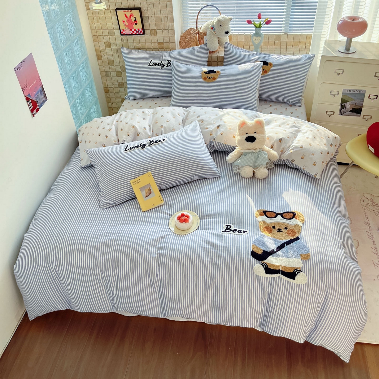 91家纺网 家纺一手货源 找家纺 寐居家纺 2026新款全棉毛巾绣四件套 条纹酷熊