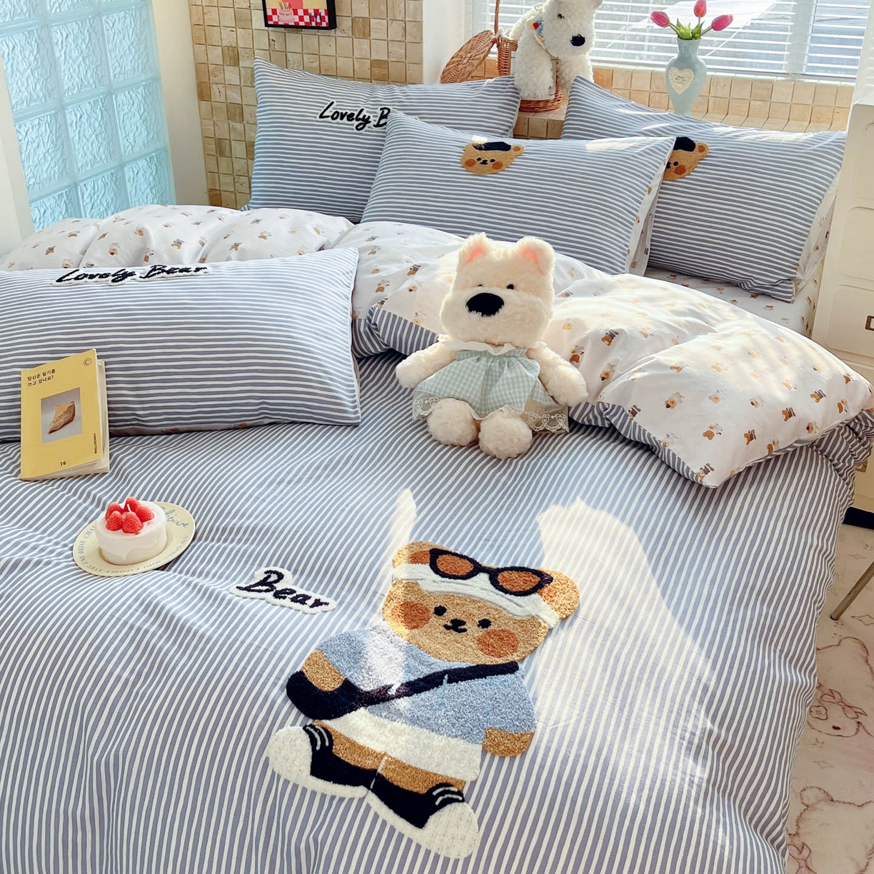 91家纺网 家纺一手货源 找家纺 寐居家纺 2026新款全棉毛巾绣四件套 条纹酷熊