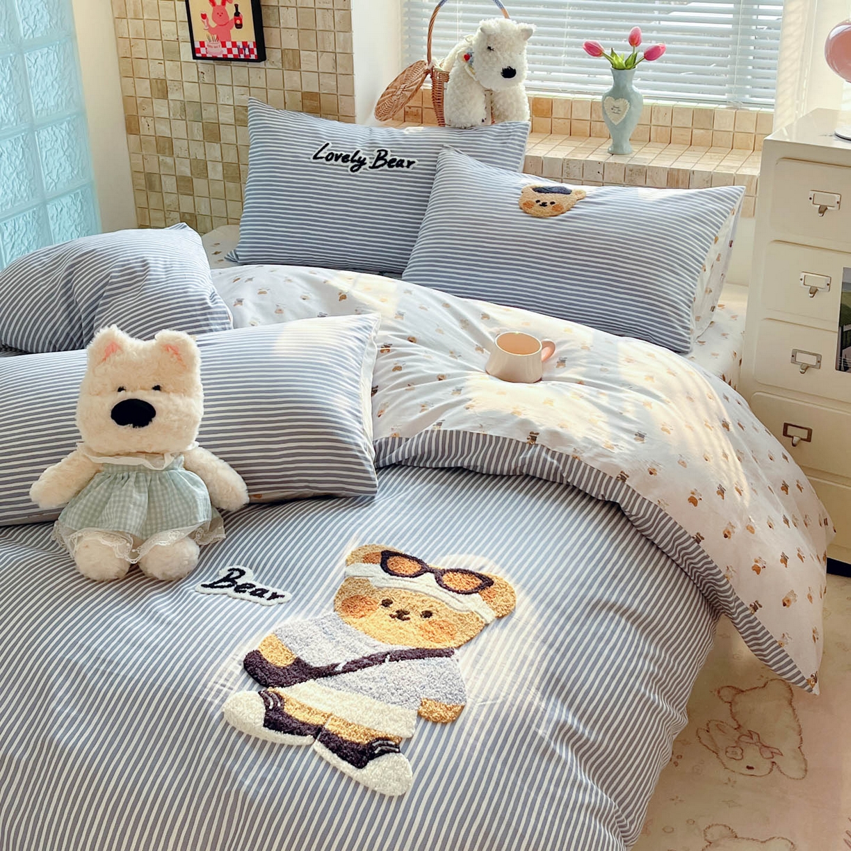 91家纺网 家纺一手货源 找家纺 寐居家纺 2026新款全棉毛巾绣四件套 条纹酷熊