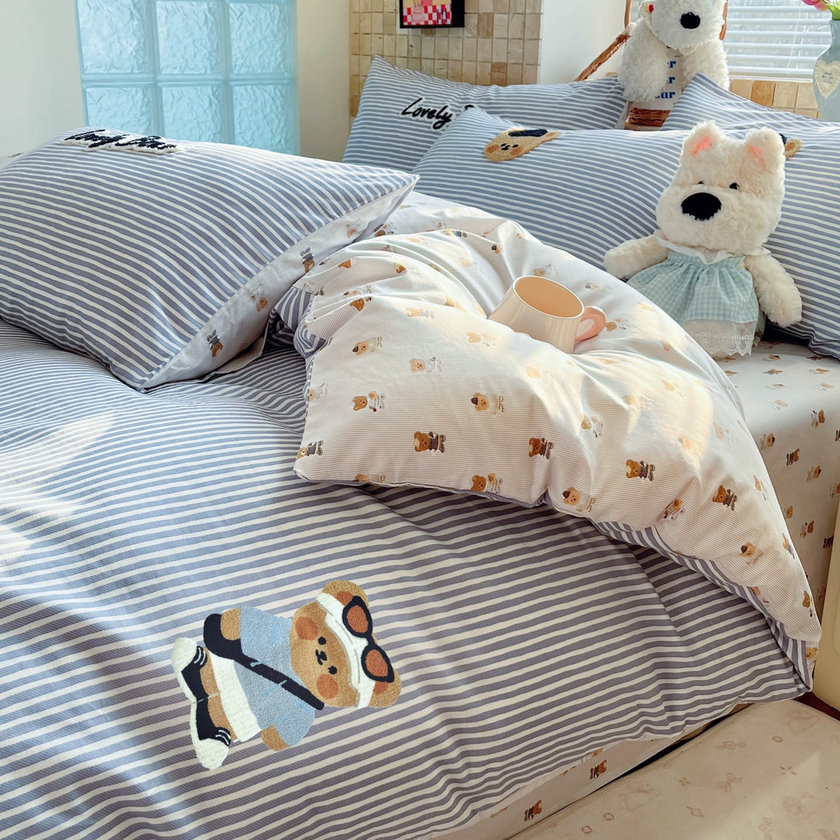 91家纺网 家纺一手货源 找家纺 寐居家纺 2026新款全棉毛巾绣四件套 条纹酷熊