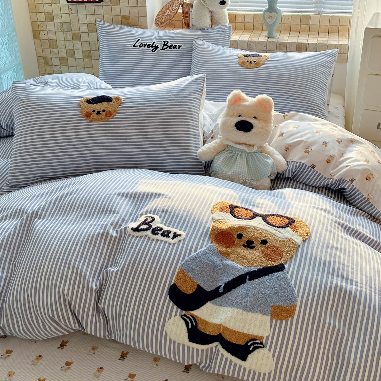 91家纺网 家纺一手货源 找家纺 寐居家纺 2026新款全棉毛巾绣四件套 条纹酷熊