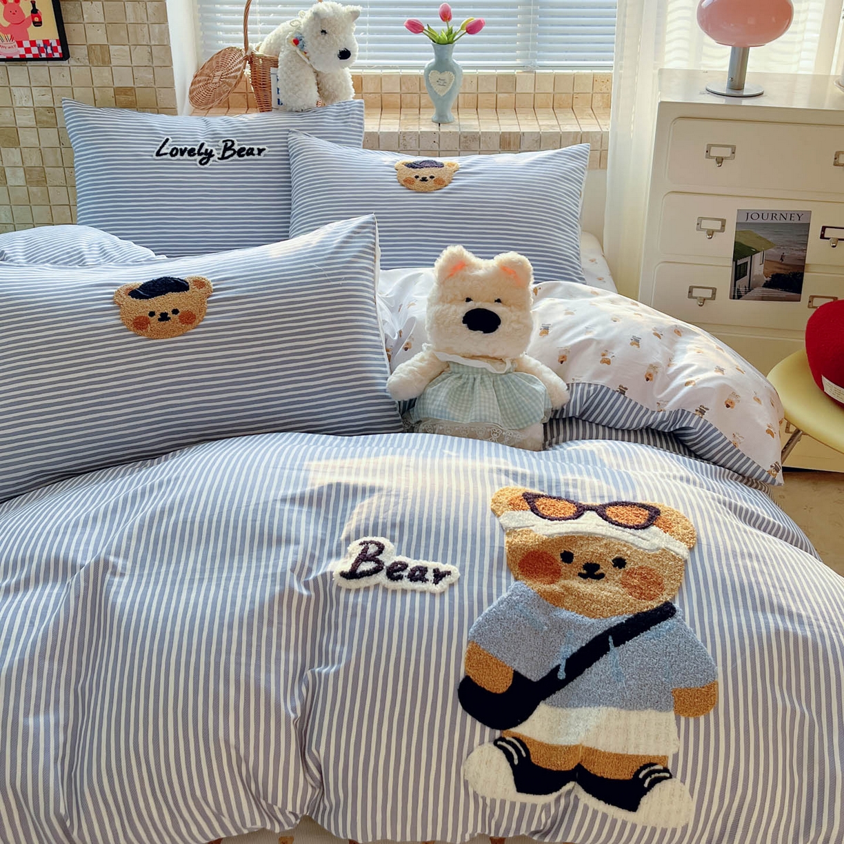 91家纺网 家纺一手货源 找家纺 寐居家纺 2026新款全棉毛巾绣四件套 条纹酷熊