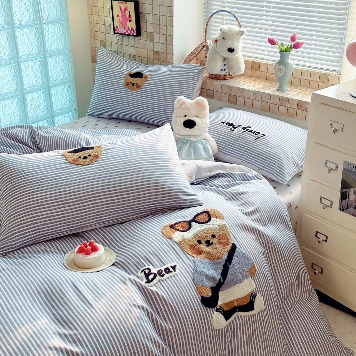 91家纺网 家纺一手货源 找家纺 寐居家纺 2026新款全棉毛巾绣四件套 条纹酷熊