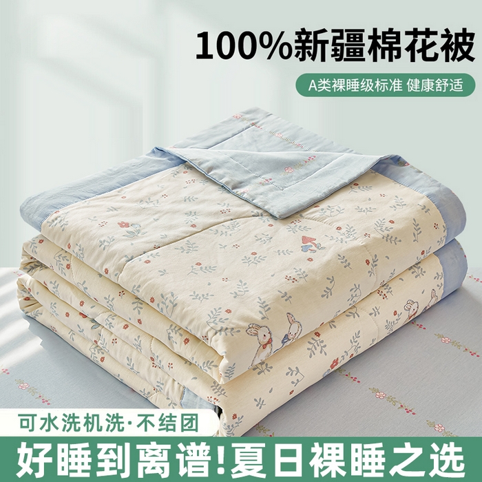 91家纺网 家纺一手货源 找家纺  蓝雀翎 2025新款全棉印花新疆棉花夏被 觅时光-蓝