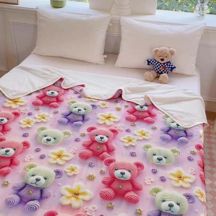 91家纺网 家纺一手货源 找家纺 默忆 2026新款直播热款5D数码凉感冰丝夏被 凯特熊紫