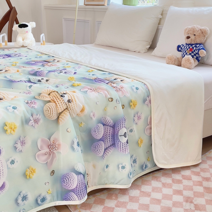 91家纺网 家纺一手货源 找家纺 默忆 2026新款直播热款5D数码凉感冰丝夏被 蓝黄熊宝