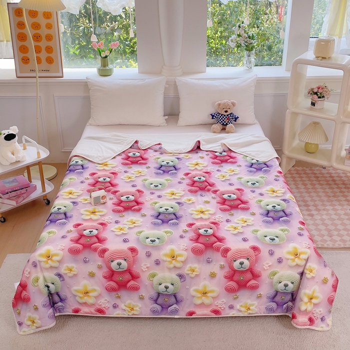 91家纺网 家纺一手货源 找家纺 默忆 2026新款直播热款5D数码凉感冰丝夏被 凯特熊紫