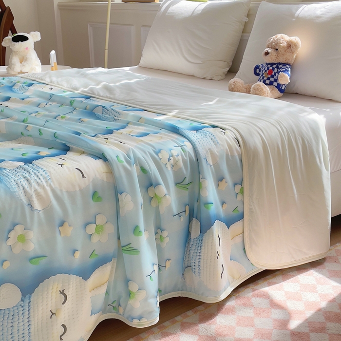 91家纺网 家纺一手货源 找家纺 默忆 2026新款直播热款5D数码凉感冰丝夏被 蓝色小兔