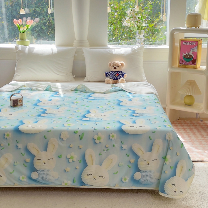 91家纺网 家纺一手货源 找家纺 默忆 2026新款直播热款5D数码凉感冰丝夏被 蓝色小兔