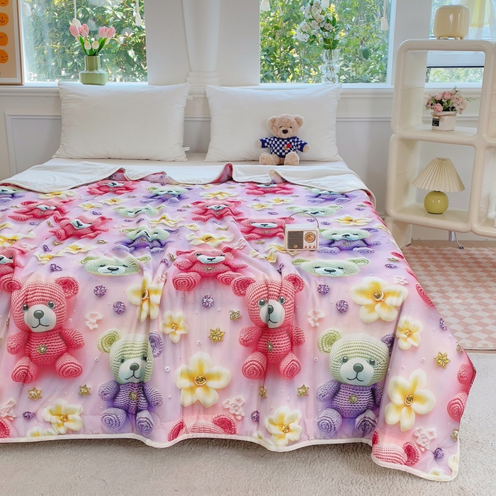 91家纺网 家纺一手货源 找家纺 默忆 2026新款直播热款5D数码凉感冰丝夏被 凯特熊紫