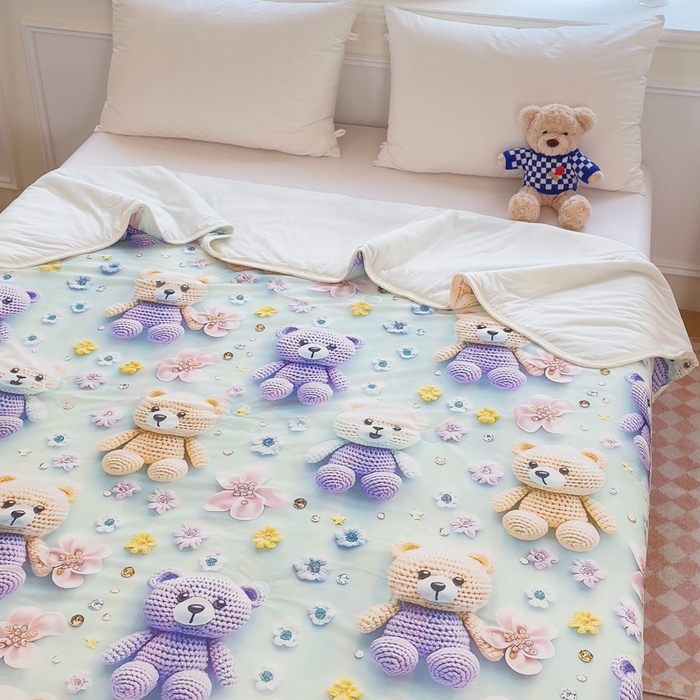 91家纺网 家纺一手货源 找家纺 默忆 2026新款直播热款5D数码凉感冰丝夏被 蓝黄熊宝