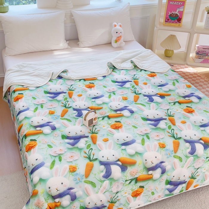 91家纺网 家纺一手货源 找家纺 默忆 2026新款直播热款5D数码凉感冰丝夏被 萝卜兔