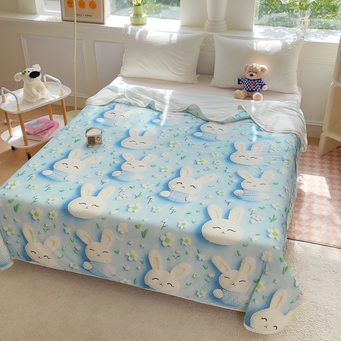 91家纺网 家纺一手货源 找家纺 默忆 2026新款直播热款5D数码凉感冰丝夏被 蓝色小兔