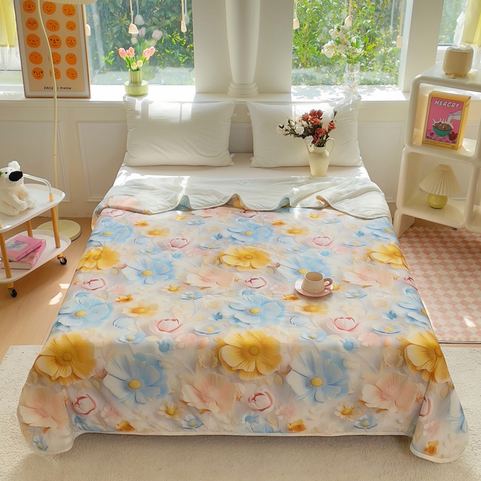 91家纺网 家纺一手货源 找家纺 默忆 2026新款直播热款5D数码凉感冰丝夏被 向阳花