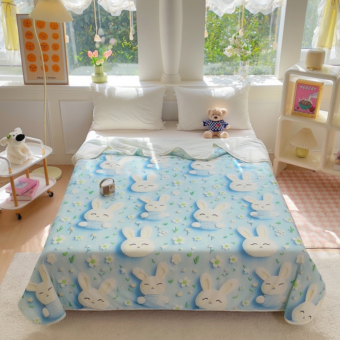 91家纺网 家纺一手货源 找家纺 默忆 2026新款直播热款5D数码凉感冰丝夏被 蓝色小兔