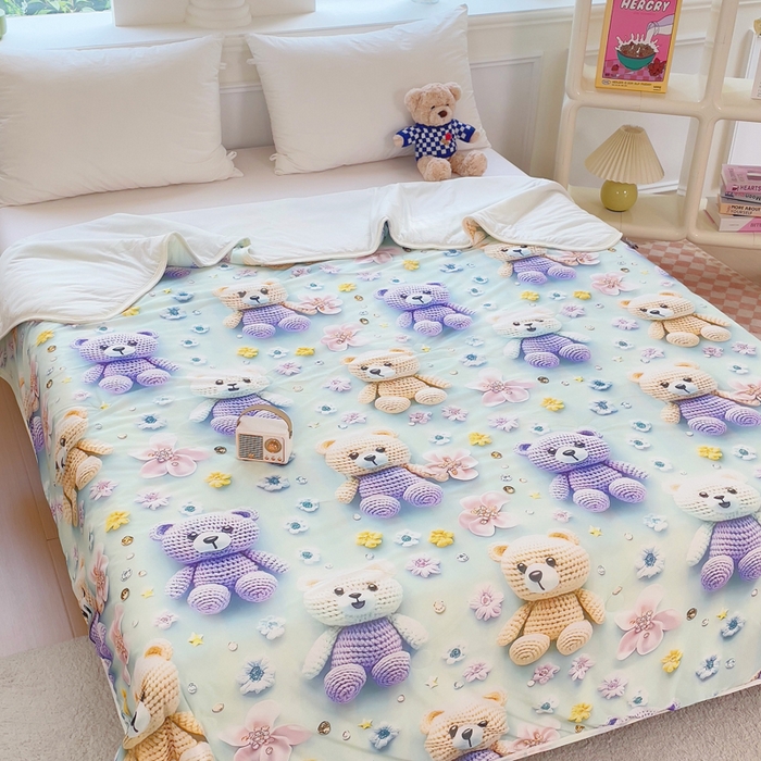 91家纺网 家纺一手货源 找家纺 默忆 2026新款直播热款5D数码凉感冰丝夏被 蓝黄熊宝