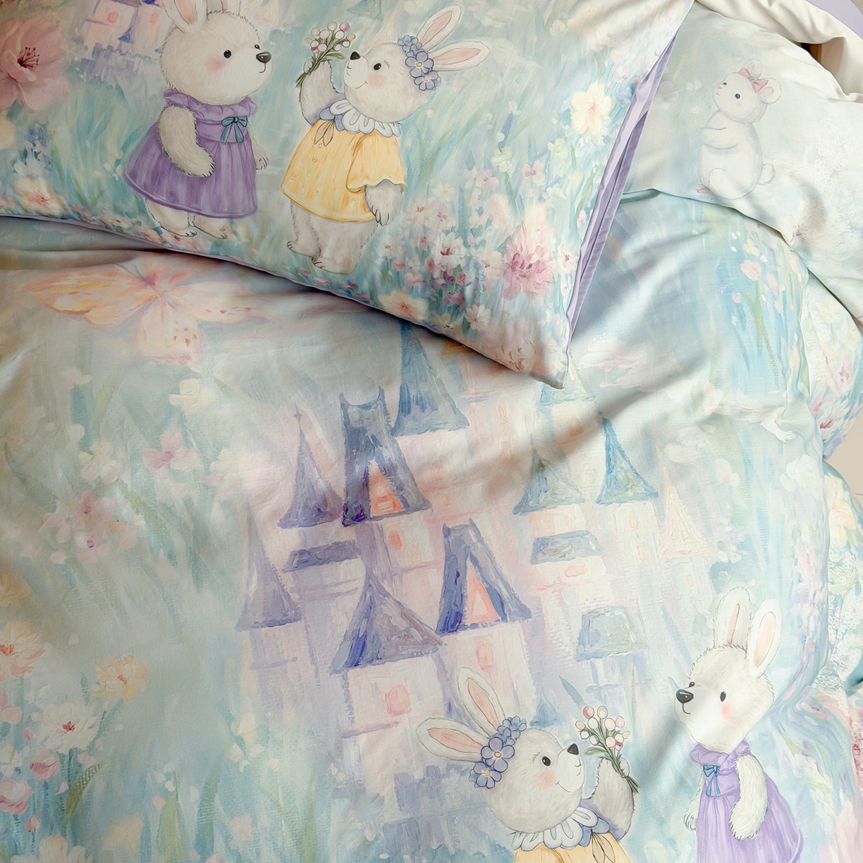 91家纺网 家纺一手货源 找家纺 桃喜 2026新款60支长绒棉数码印花油画系列四件套（券后不低于169/189） 梦幻城堡