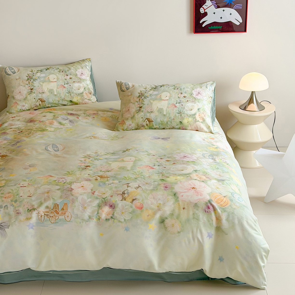 91家纺网 家纺一手货源 找家纺 桃喜 2026新款60支长绒棉数码印花油画系列四件套（券后不低于169/189） 羊羊花园