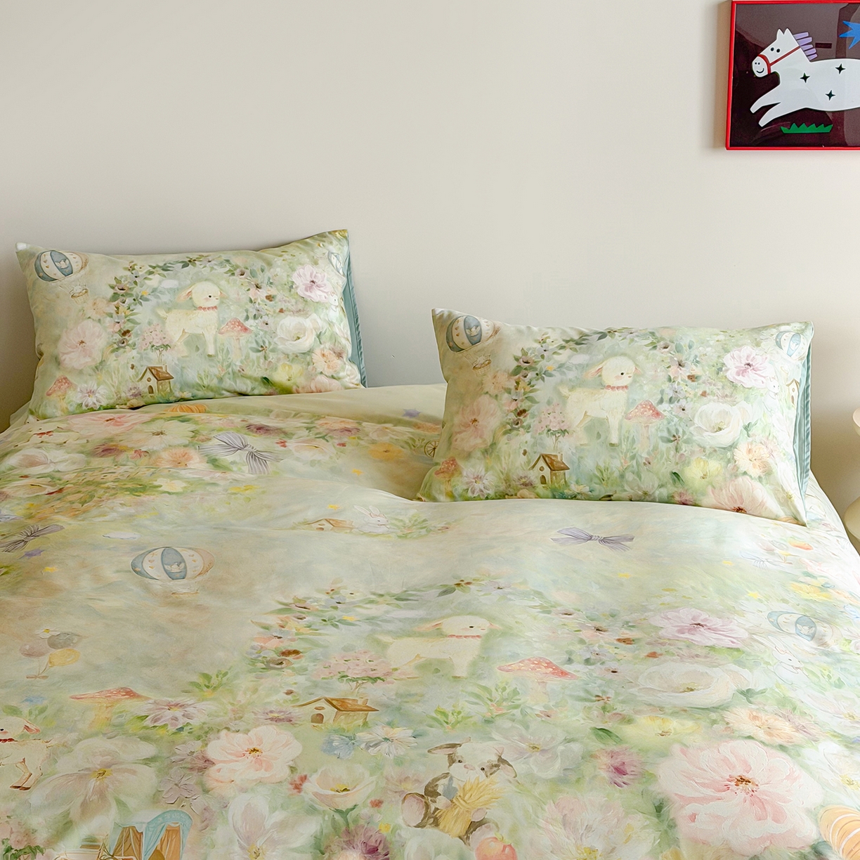 91家纺网 家纺一手货源 找家纺 桃喜 2026新款60支长绒棉数码印花油画系列四件套（券后不低于169/189） 羊羊花园