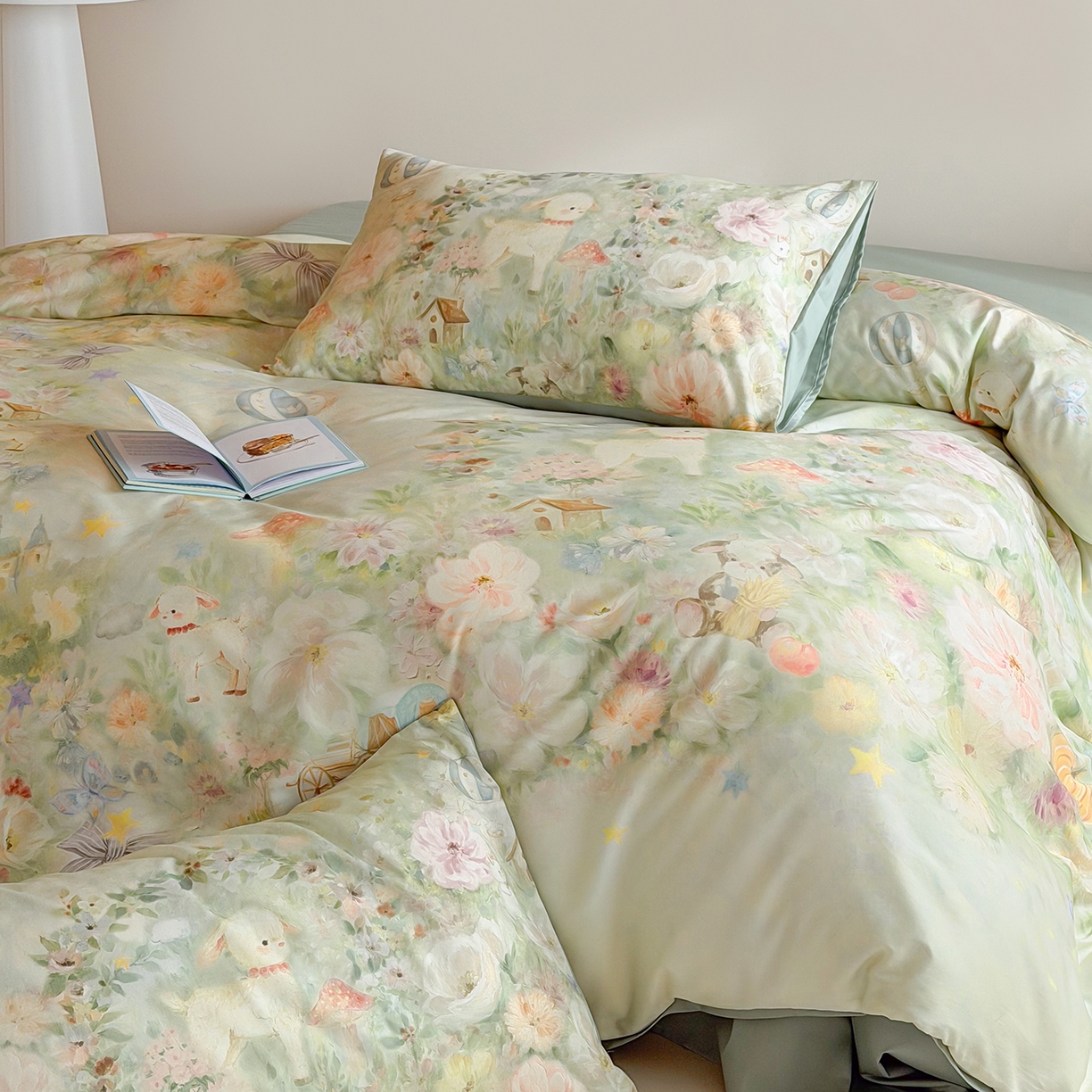 91家纺网 家纺一手货源 找家纺 桃喜 2026新款60支长绒棉数码印花油画系列四件套（券后不低于169/189） 羊羊花园