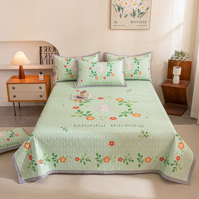 麦田家纺 2026新款天丝绸大版数码印花单床盖床盖单件 快乐小兔-绿