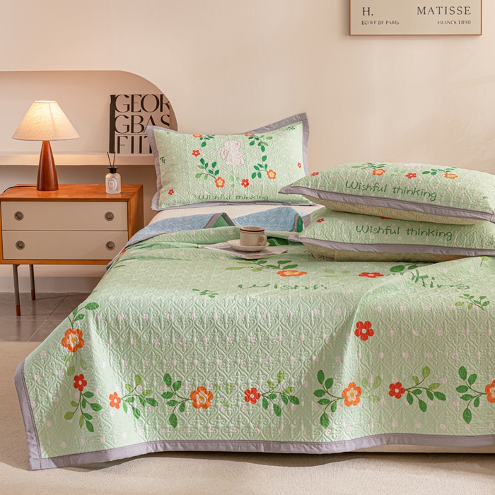 91家纺网 家纺一手货源 找家纺 麦田家纺 2026新款天丝绸大版数码印花单床盖床盖单件 快乐小兔-绿