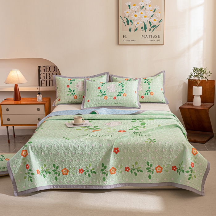 91家纺网 家纺一手货源 找家纺 麦田家纺 2026新款天丝绸大版数码印花单床盖床盖单件 快乐小兔-绿