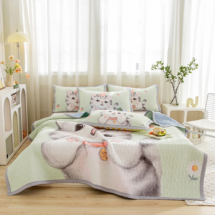 91家纺网 家纺一手货源 找家纺 麦田家纺 2026新款天丝绸大版数码印花单床盖床盖单件 幸运喵-绿