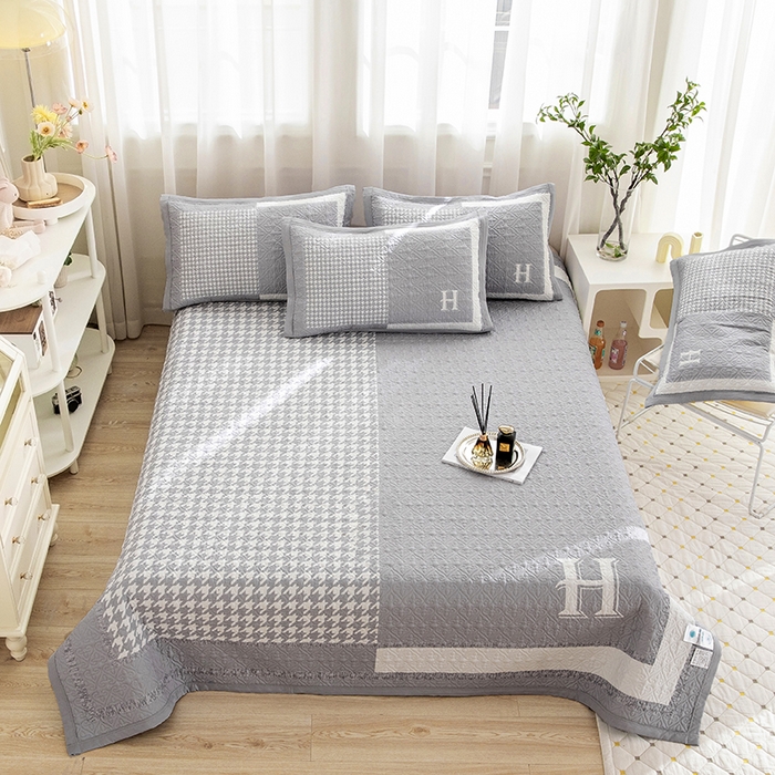 麦田家纺 2026新款天丝绸大版数码印花单床盖床盖单件 千鸟格H-云灰色