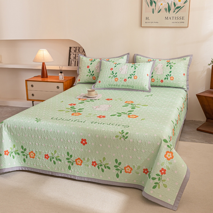 91家纺网 家纺一手货源 找家纺 麦田家纺 2026新款天丝绸大版数码印花单床盖床盖单件 快乐小兔-绿