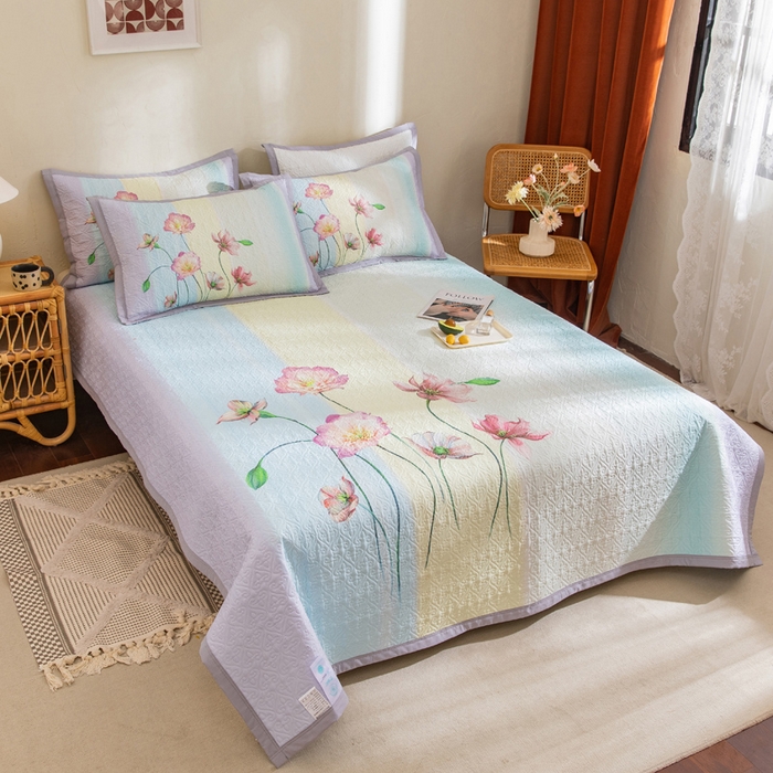 91家纺网 家纺一手货源 找家纺 麦田家纺 2026新款天丝绸大版数码印花单床盖床盖单件 萱花紫兰