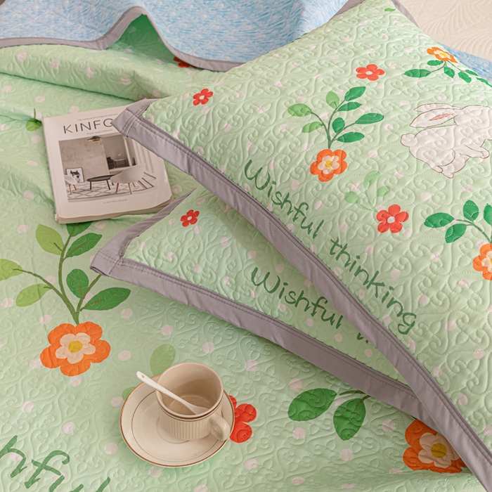91家纺网 家纺一手货源 找家纺 麦田家纺 2026新款天丝绸大版数码印花单床盖床盖单件 快乐小兔-绿