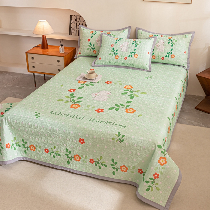 91家纺网 家纺一手货源 找家纺 麦田家纺 2026新款天丝绸大版数码印花单床盖床盖单件 快乐小兔-绿