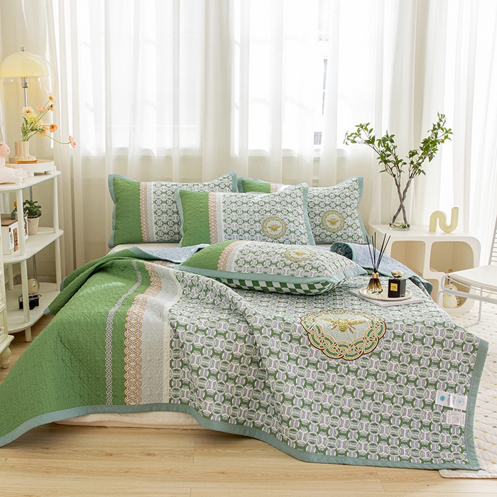 91家纺网 家纺一手货源 找家纺 麦田家纺 2026新款天丝绸大版数码印花单床盖床盖单件 古-清新绿