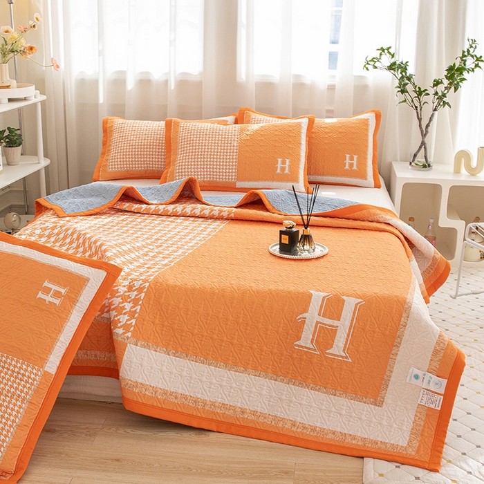 91家纺网 家纺一手货源 找家纺 麦田家纺 2026新款天丝绸大版数码印花单床盖床盖单件 千鸟格H-奶油橘