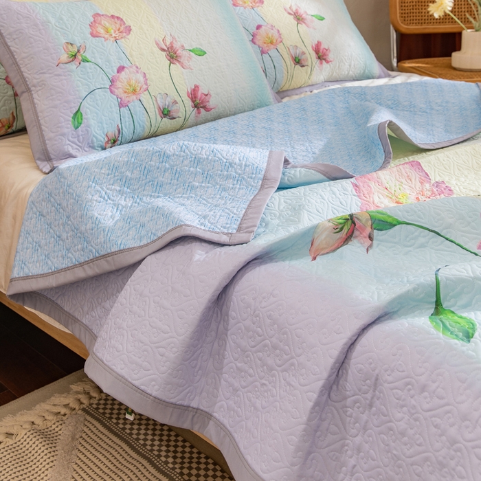 91家纺网 家纺一手货源 找家纺 麦田家纺 2026新款天丝绸大版数码印花单床盖床盖单件 萱花紫兰