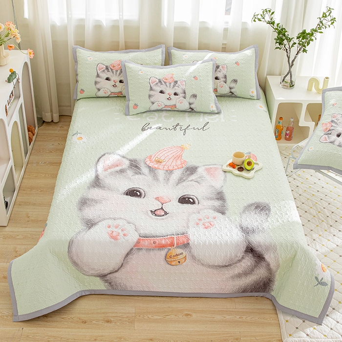 麦田家纺 2026新款天丝绸大版数码印花单床盖床盖单件 幸运喵-绿