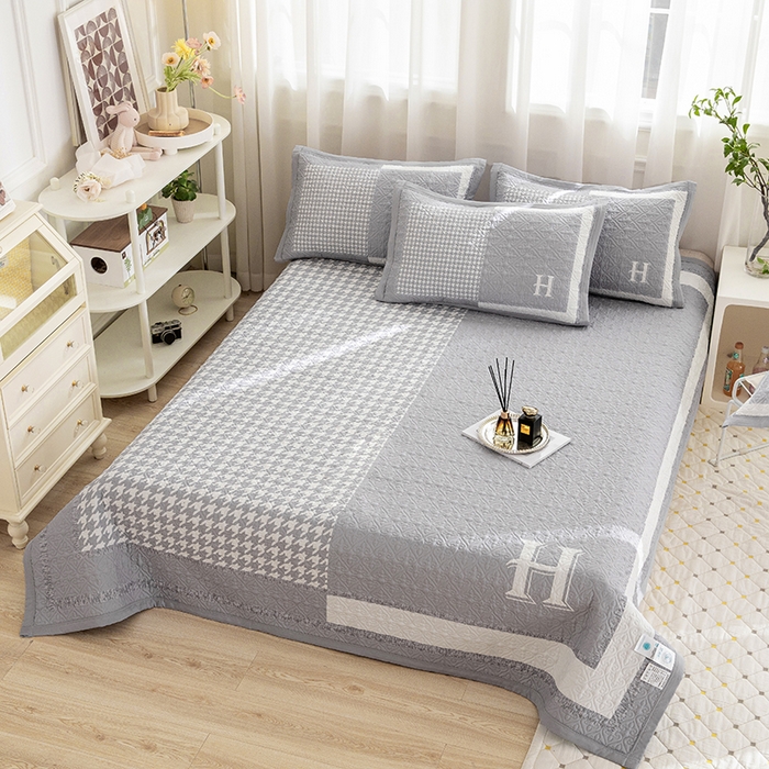 91家纺网 家纺一手货源 找家纺 麦田家纺 2026新款天丝绸大版数码印花单床盖床盖单件 千鸟格H-云灰色