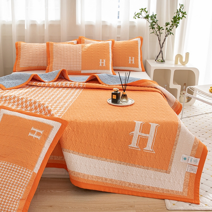 91家纺网 家纺一手货源 找家纺 麦田家纺 2026新款天丝绸大版数码印花单床盖床盖单件 千鸟格H-奶油橘