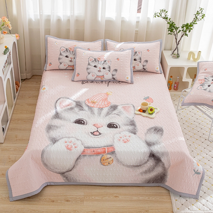 麦田家纺 2026新款天丝绸大版数码印花单床盖床盖单件 幸运喵-粉