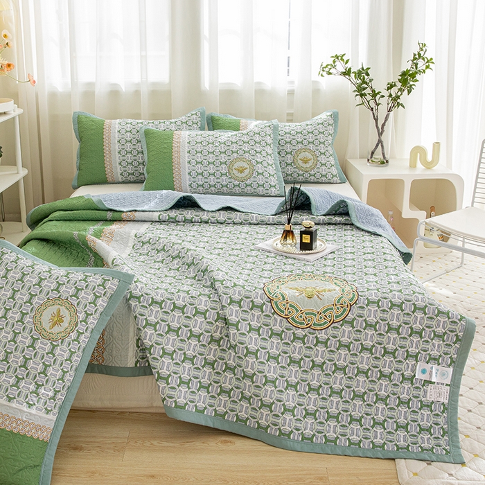 91家纺网 家纺一手货源 找家纺 麦田家纺 2026新款天丝绸大版数码印花单床盖床盖单件 古-清新绿