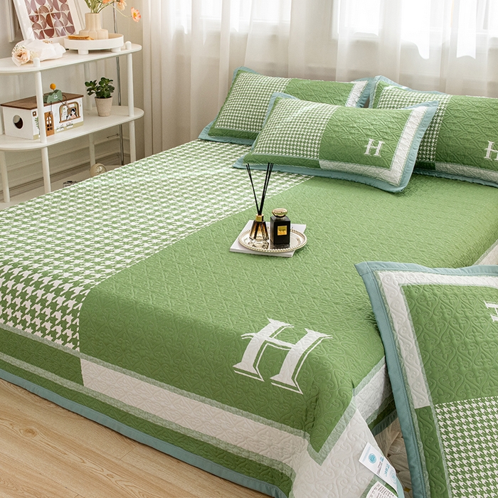 91家纺网 家纺一手货源 找家纺 麦田家纺 2026新款天丝绸大版数码印花单床盖床盖单件 千鸟格H-气泡绿